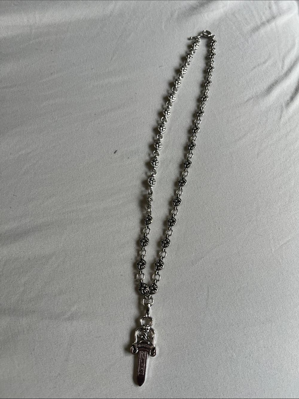 Chrome Hearts Silver Floral Link Necklace with Sword Pendant